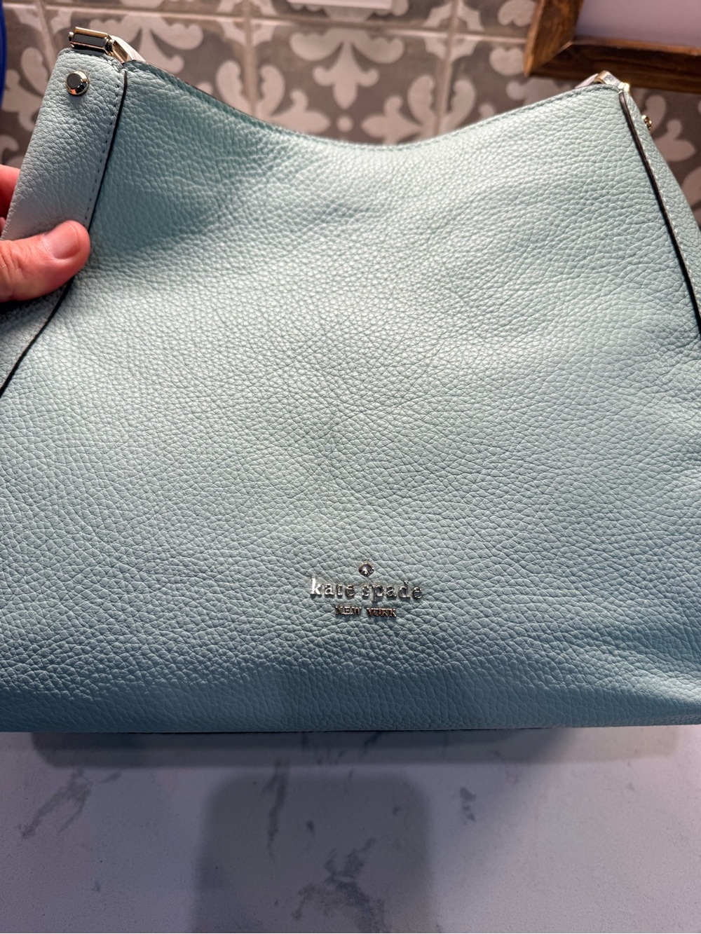 Kate Spade Light Green Pebbled Leather Shoulder Bag with Black Piping - Picture 2 of 10